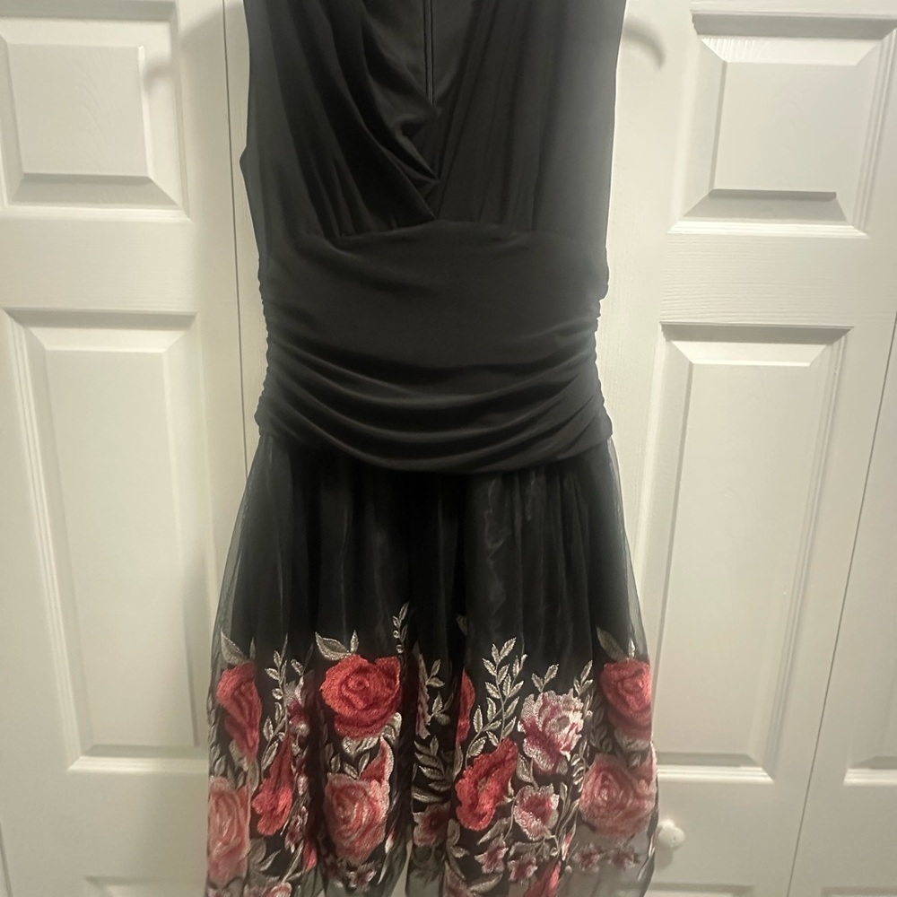 SLNY Black Dress with Red Floral Accents